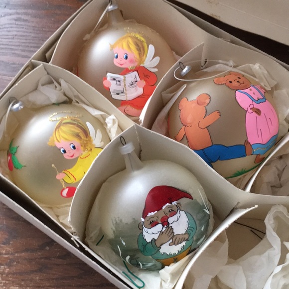 Vintage Hand/Mouth Blown Christmas Ornaments -Set of 4 - Bear, Elf, Angels - Picture 1 of 7